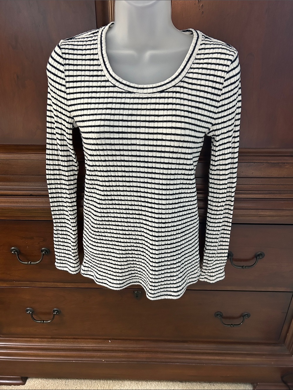 Talbots Indigo and Ivory Striped Long-Sleeve Scoop Neck Top